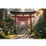 Overhead Torii Gate Forest desk mat view with a long red torii pathway with moss, lanterns and sunbeams