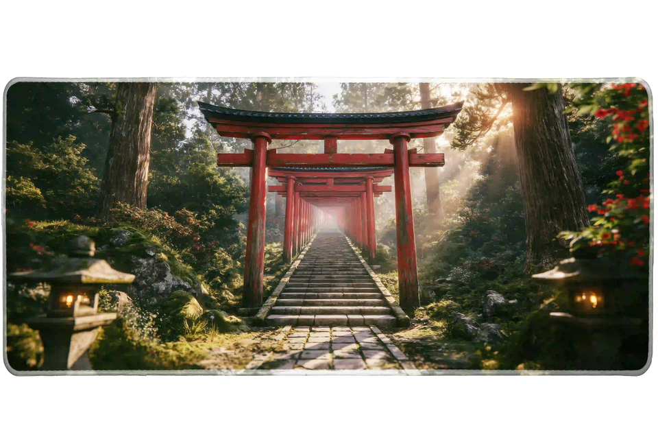 Overhead Torii Gate Forest desk mat view with a long red torii pathway with moss, lanterns and sunbeams