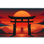 Overhead Torii Gate Sunset desk mat view with a torii silhouette, distant pagoda and layered mountains at sunset