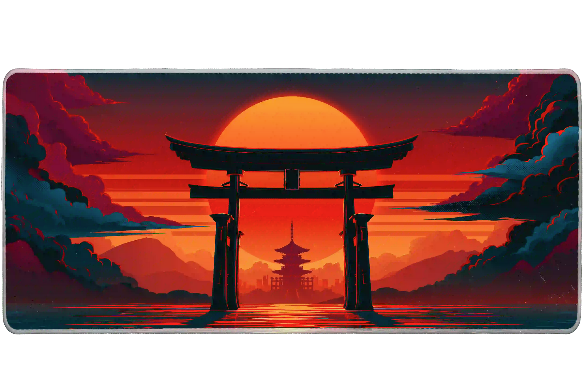 Overhead Torii Gate Sunset desk mat view with a torii silhouette, distant pagoda and layered mountains at sunset