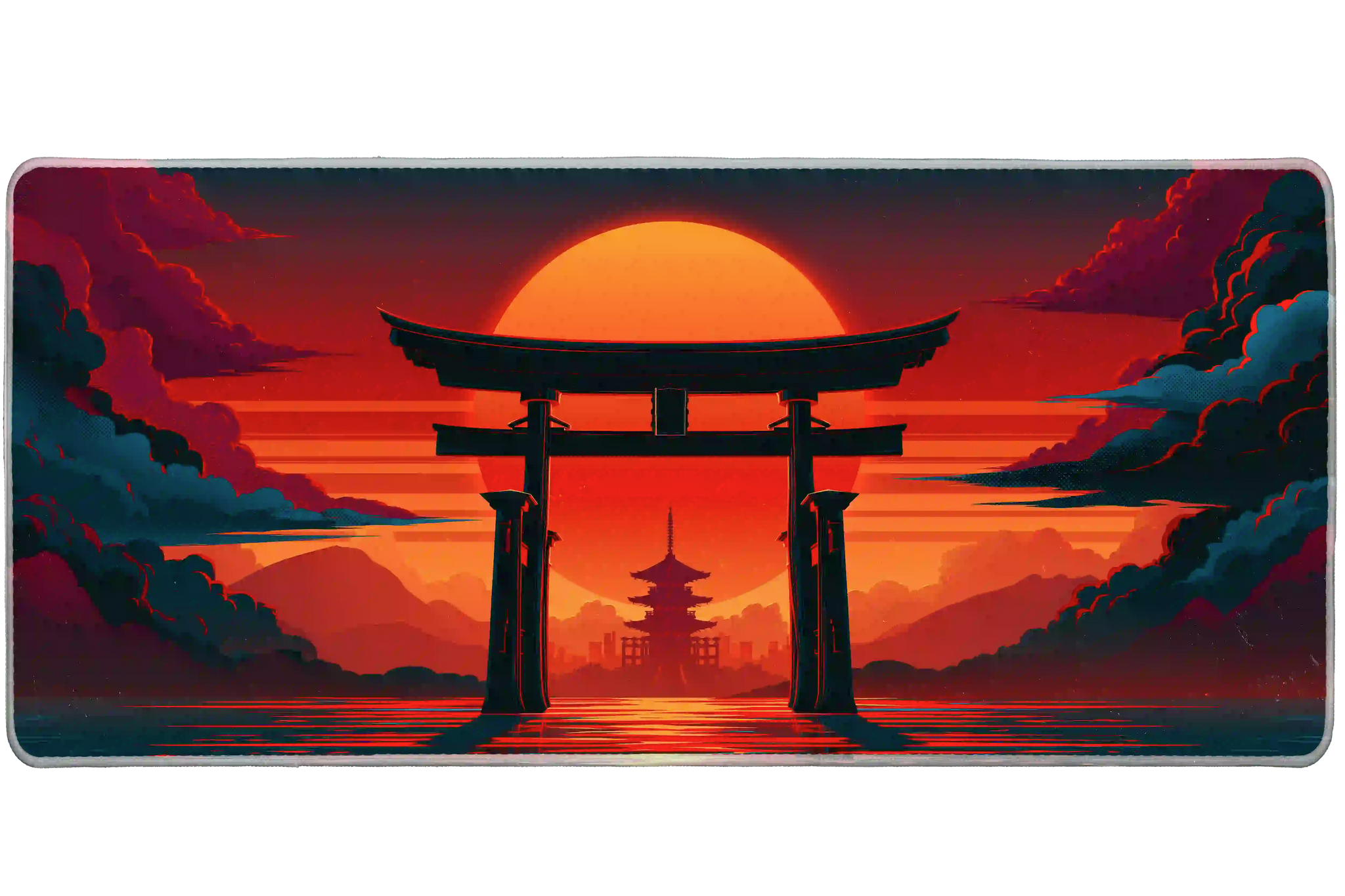 Overhead Torii Gate Sunset desk mat view with a torii silhouette, distant pagoda and layered mountains at sunset