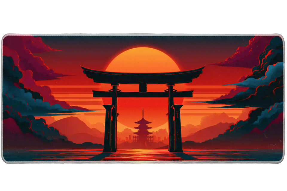 Overhead Torii Gate Sunset desk mat view with a torii silhouette, distant pagoda and layered mountains at sunset