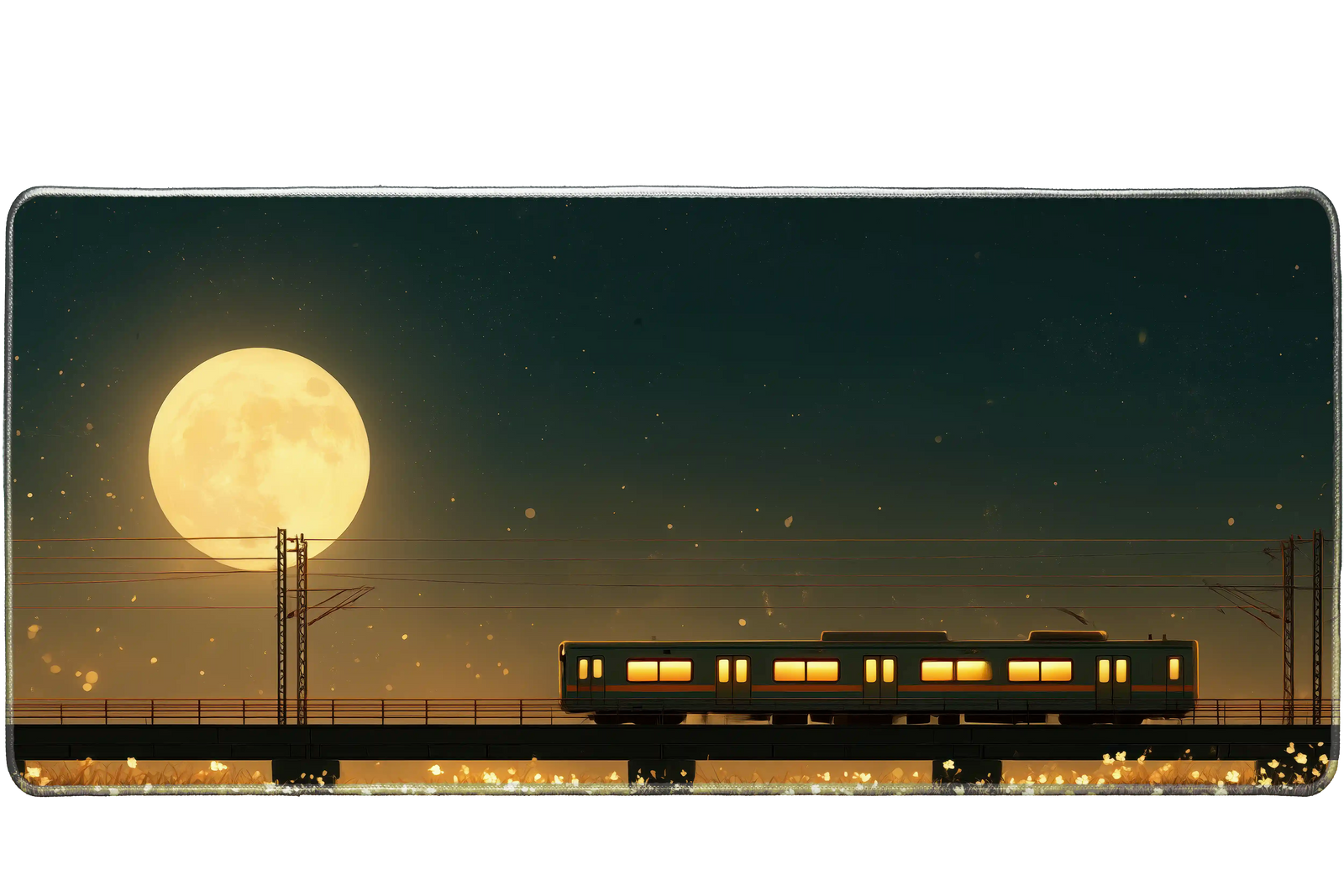 Anime 36x16in custom desk mat with glowing moon and train scene, stitched edge – PrintMyPad