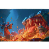 Wide fantasy treasure chest monster desk mat displaying the complete artwork across a desktop
