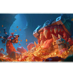 Wide fantasy treasure chest monster desk mat displaying the complete artwork across a desktop