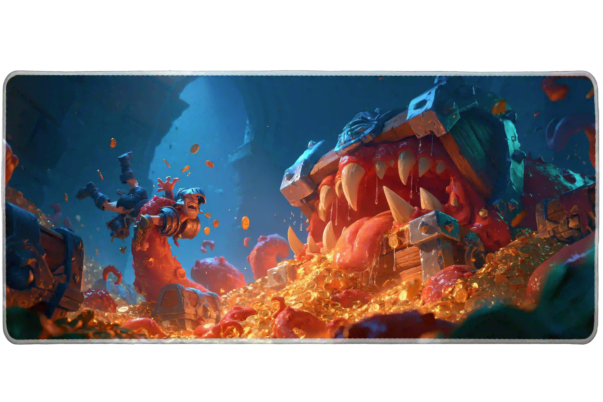 Wide fantasy treasure chest monster desk mat displaying the complete artwork across a desktop