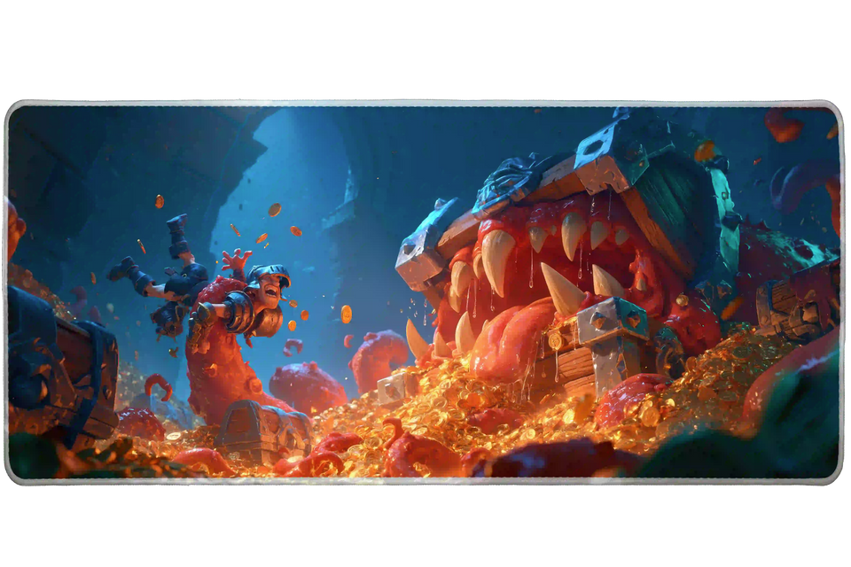 Wide fantasy treasure chest monster desk mat displaying the complete artwork across a desktop
