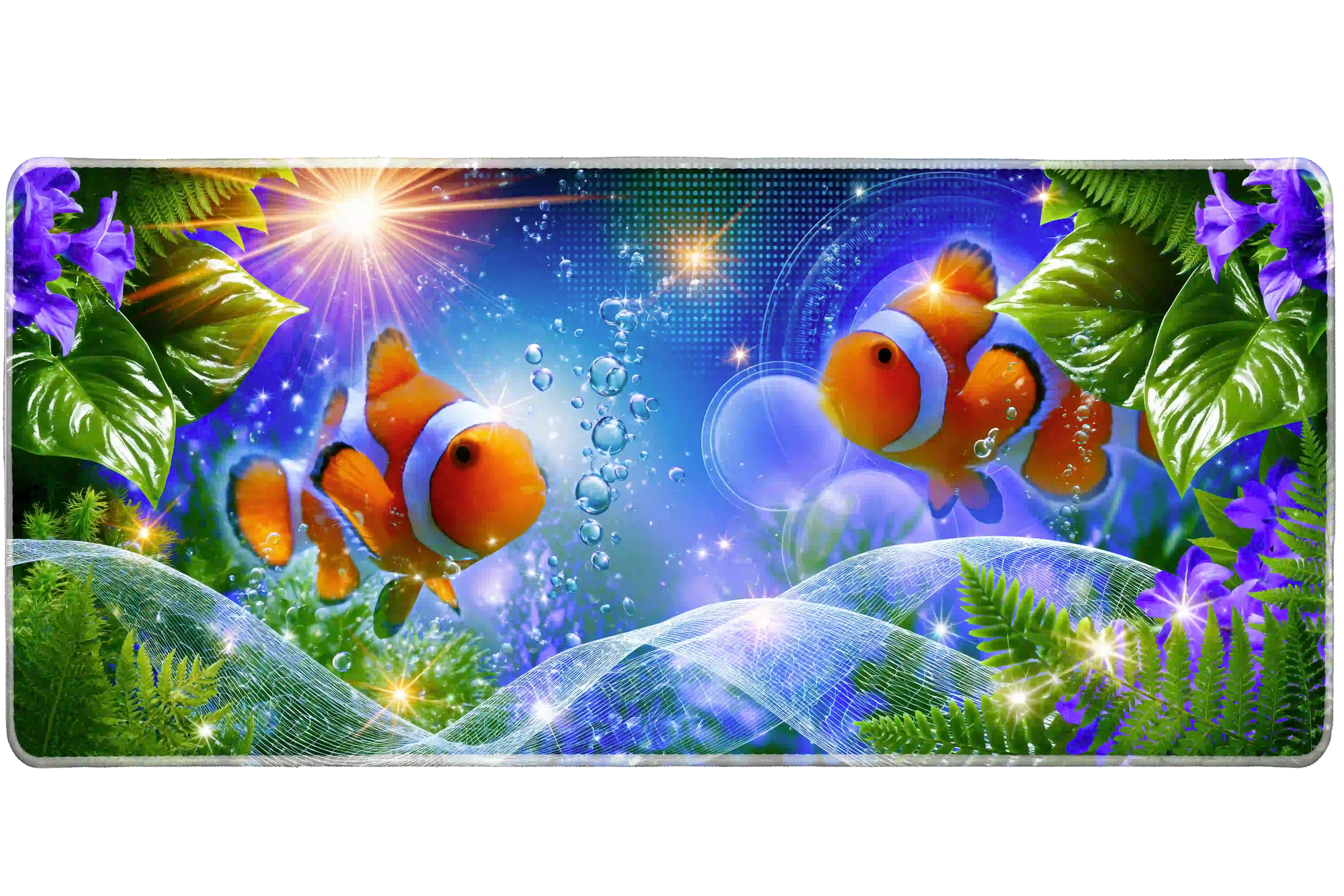 Frutiger Aero Tropical Fish desk mat artwork in a wide product view