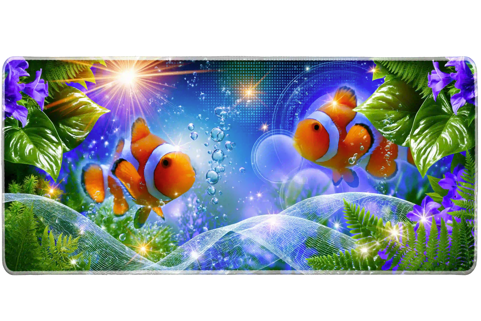 Frutiger Aero Tropical Fish desk mat artwork in a wide product view