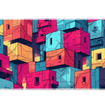 Colorful Urban Blocks desk mat product view highlighting stacked geometric buildings, balconies and hanging cables