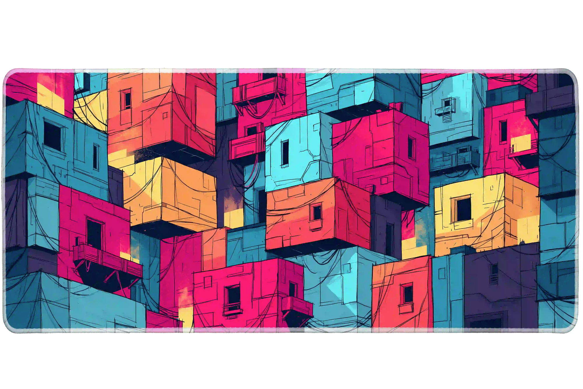 Colorful Urban Blocks desk mat product view highlighting stacked geometric buildings, balconies and hanging cables