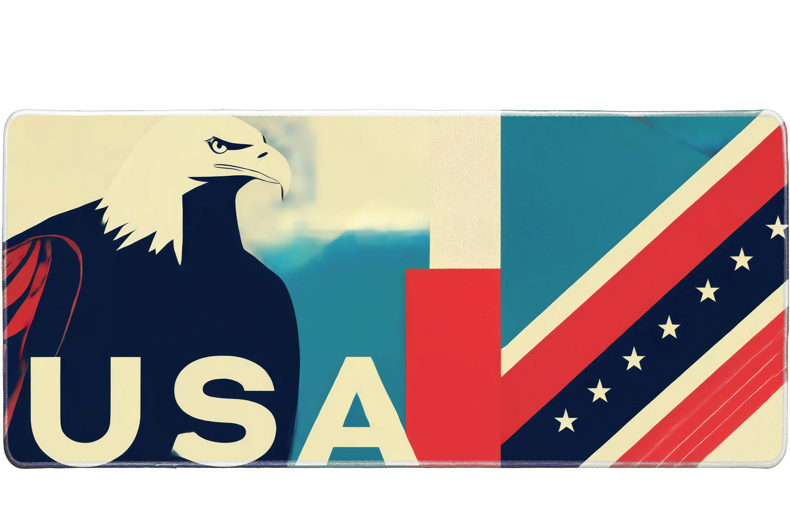 Pattern 36x16in custom mouse pad featuring bold USA eagle and flag-inspired geometric design, stitched edge – PrintMyPad