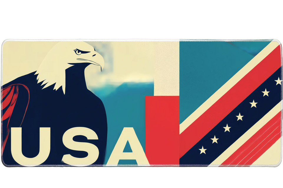 Pattern 36x16in custom mouse pad featuring bold USA eagle and flag-inspired geometric design, stitched edge – PrintMyPad