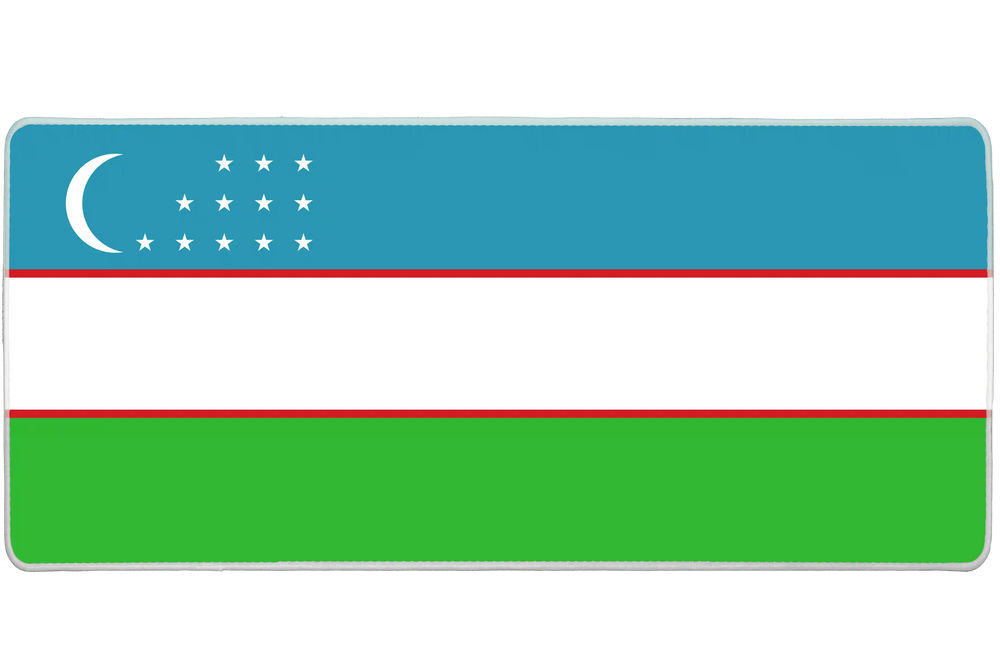 Uzbekistan flag desk mat showing blue, white and green bands with a crescent and small stars