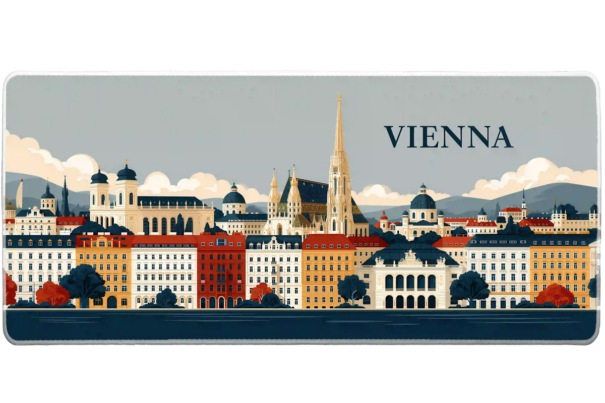 Vienna desk mat artwork showing an ornate Vienna cathedral spire above cream, red and ochre facades