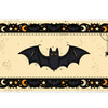 Vintage bat desk mat with a dark central bat, orange eyes and a moon and star border on distressed cream