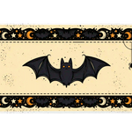 Vintage bat desk mat with a dark central bat, orange eyes and a moon and star border on distressed cream