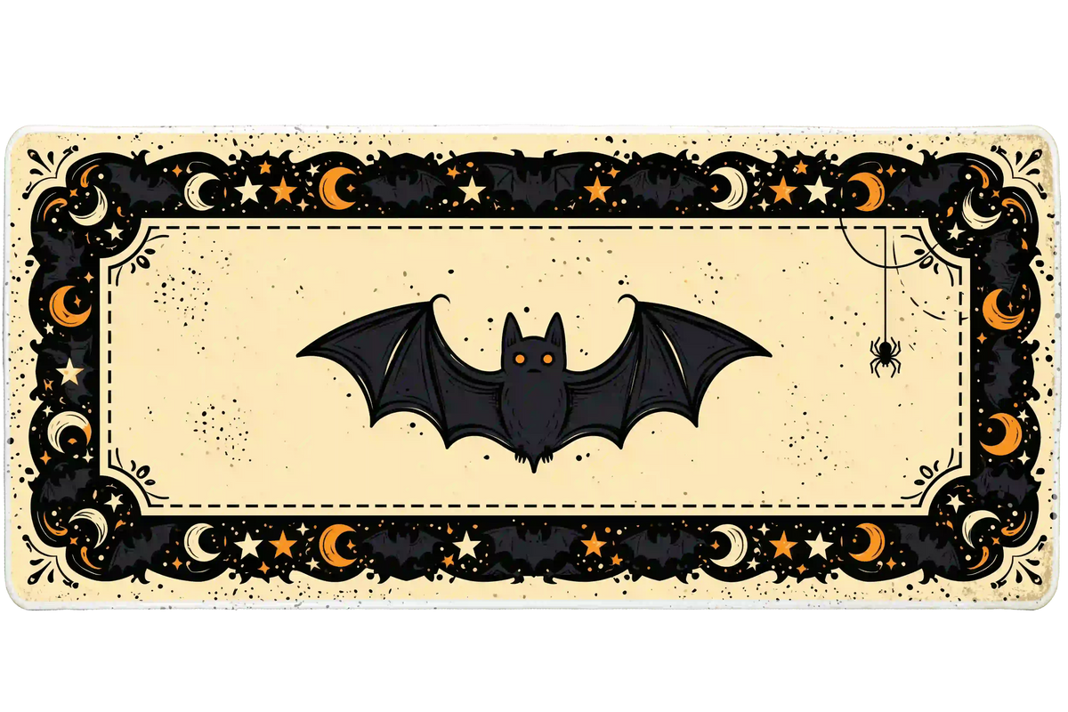 Vintage bat desk mat with a dark central bat, orange eyes and a moon and star border on distressed cream