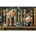 Vintage Rose Bookshelf Desk Mat | Gold Book Spines artwork on an extended desk mat with vintage rose bookshelf design