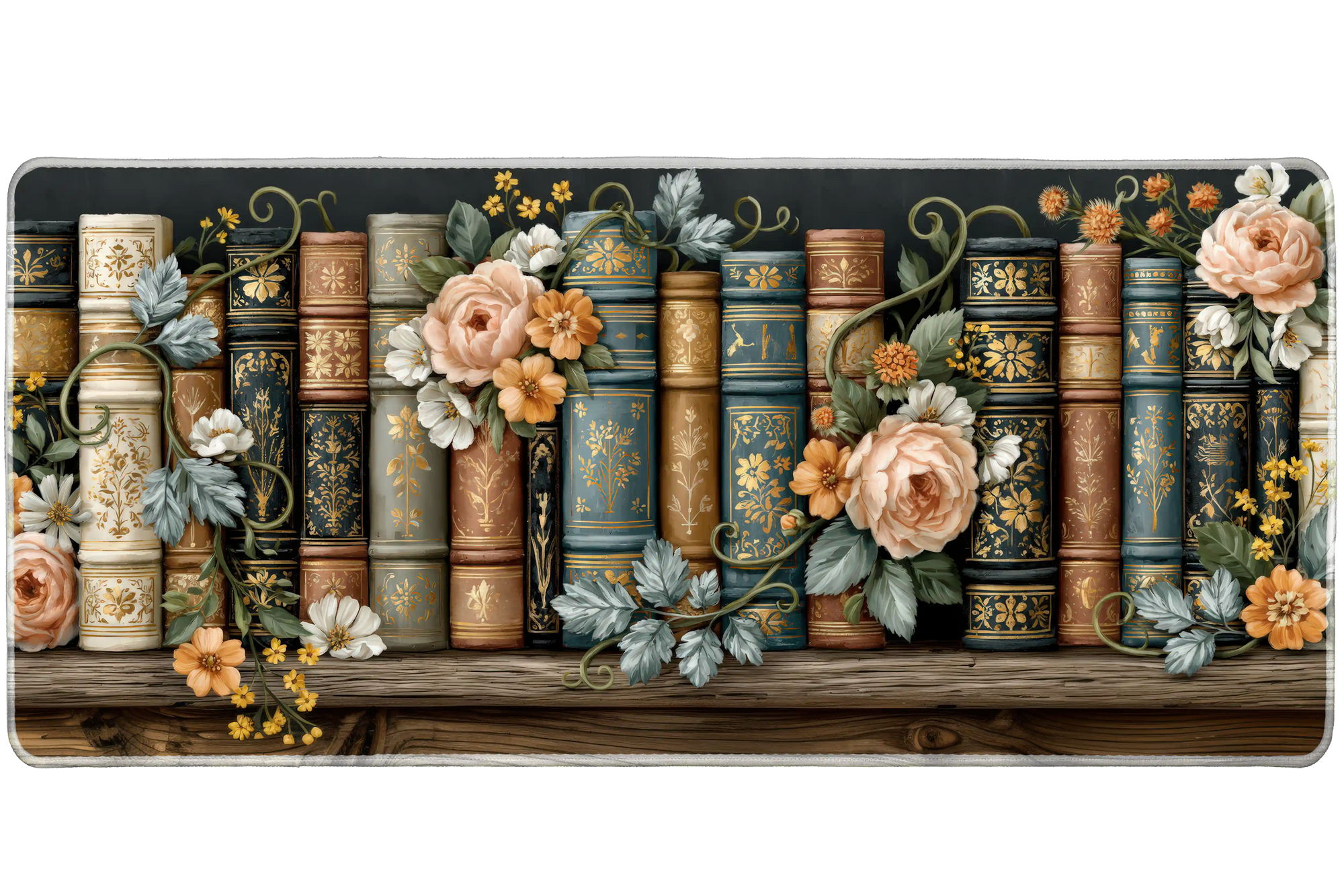 Vintage Rose Bookshelf Desk Mat | Gold Book Spines artwork on an extended desk mat with vintage rose bookshelf design