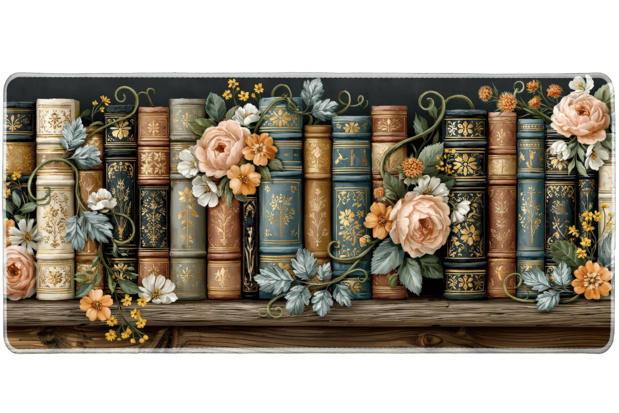Vintage Rose Bookshelf Desk Mat | Gold Book Spines artwork on an extended desk mat with vintage rose bookshelf design
