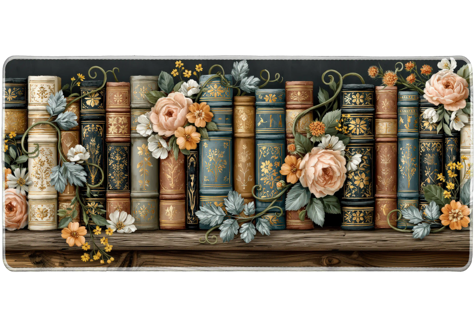 Vintage Rose Bookshelf Desk Mat | Gold Book Spines artwork on an extended desk mat with vintage rose bookshelf design
