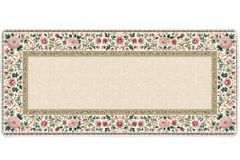 Vintage floral desk mat with pink and deep rose blossoms, green vines and a golden-brown border around a cream center