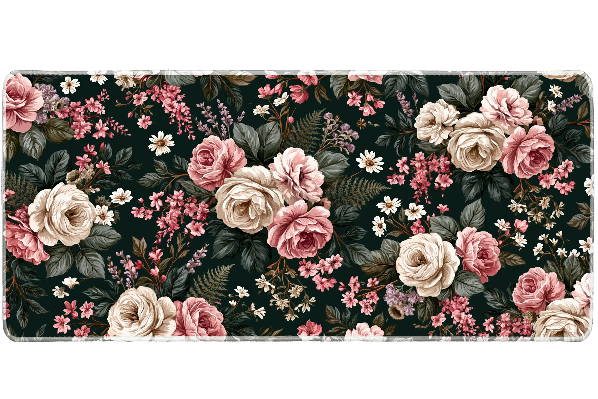 Dark Vintage Floral Blush Rose Garden desk mat with blush roses, cream flowers, leafy greenery, and a rich