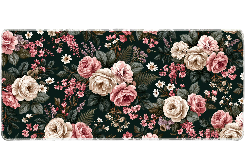 Dark Vintage Floral Blush Rose Garden desk mat with blush roses, cream flowers, leafy greenery, and a rich