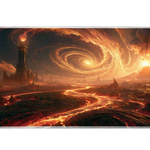Full-width Volcanic Fantasy Tower desk mat showing lava rivers, an erupting volcano, a dark citadel and fiery vortex