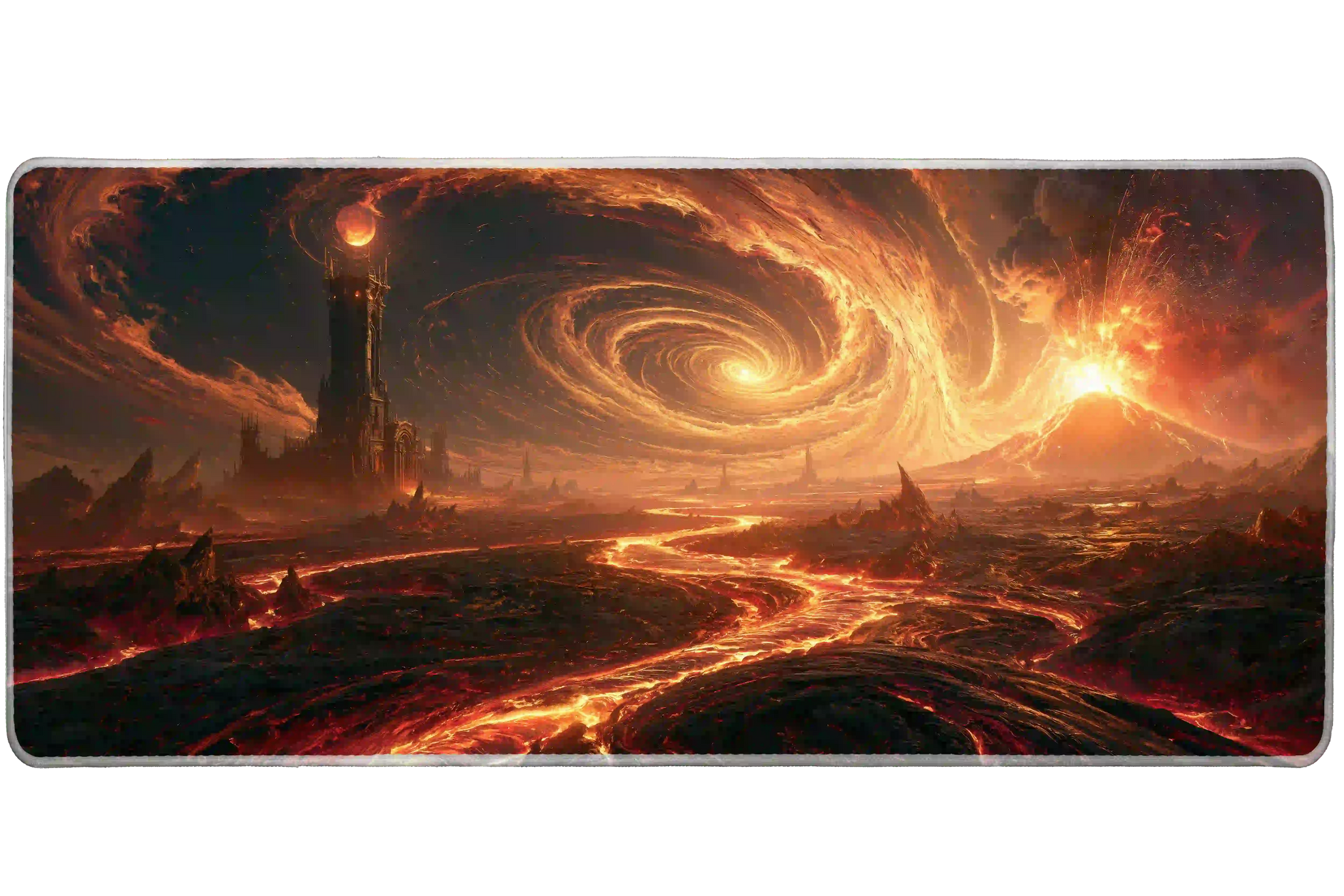 Full-width Volcanic Fantasy Tower desk mat showing lava rivers, an erupting volcano, a dark citadel and fiery vortex