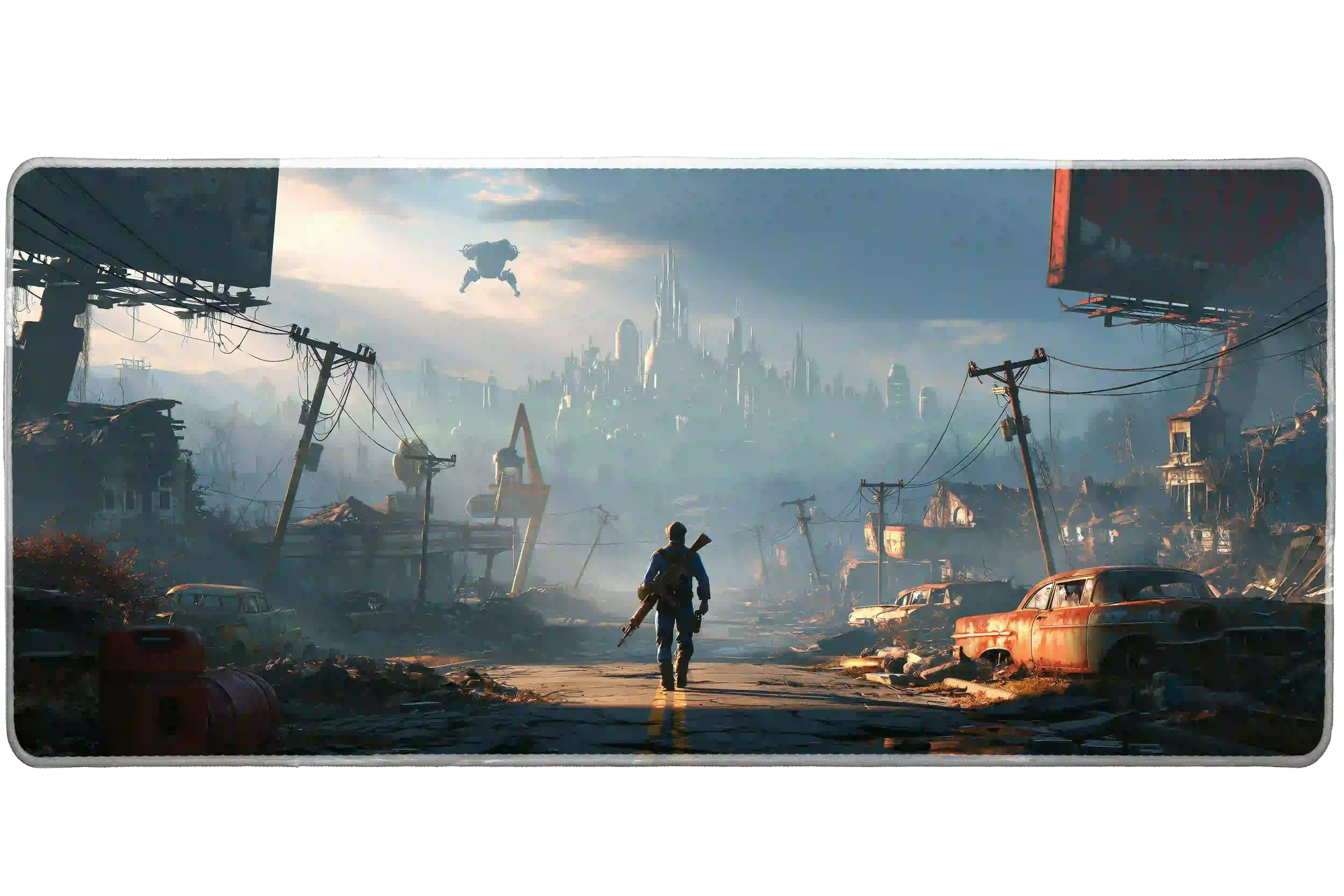 Extended mouse pad featuring the full post-apocalyptic wasteland survivor design for work or gaming