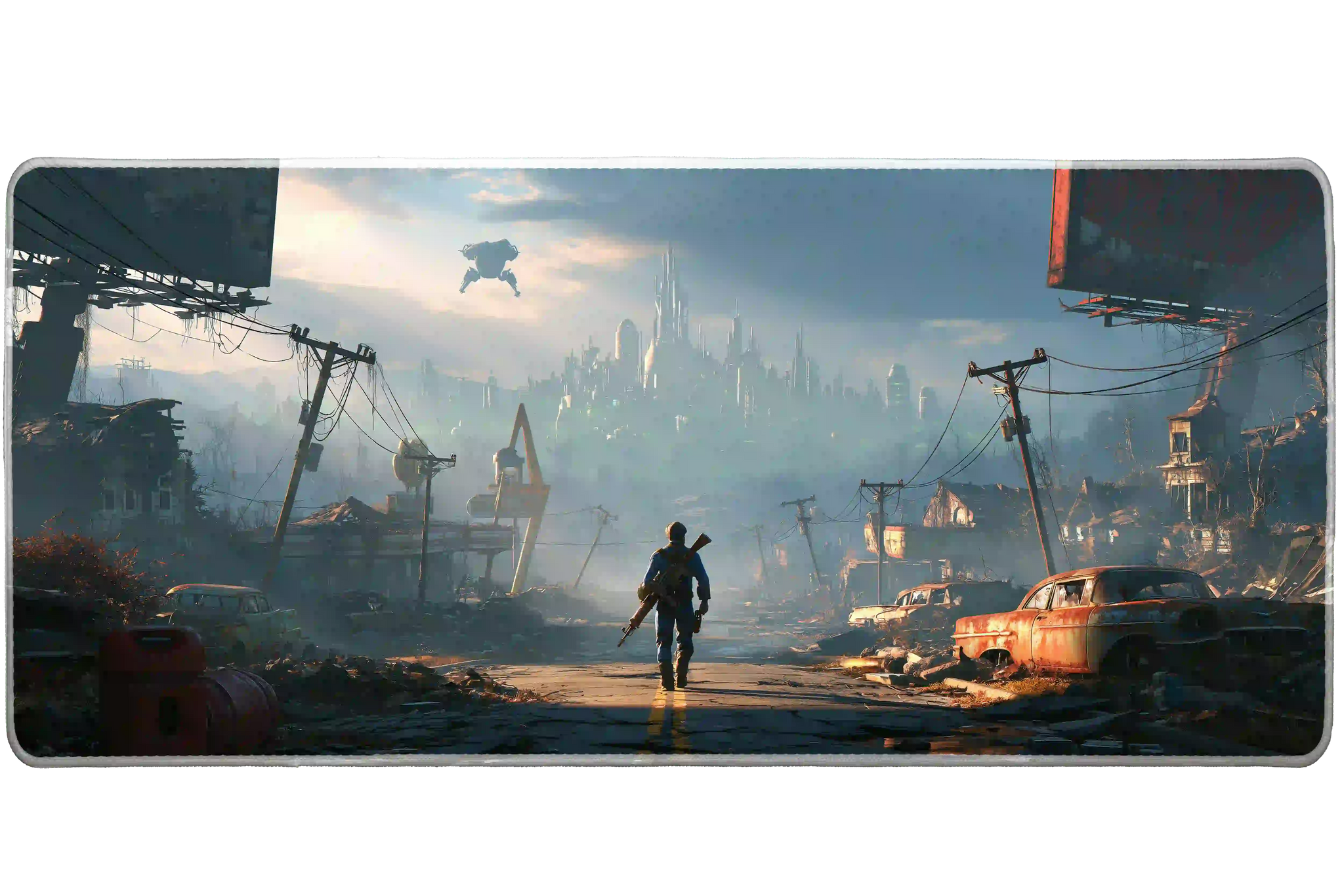 Extended mouse pad featuring the full post-apocalyptic wasteland survivor design for work or gaming
