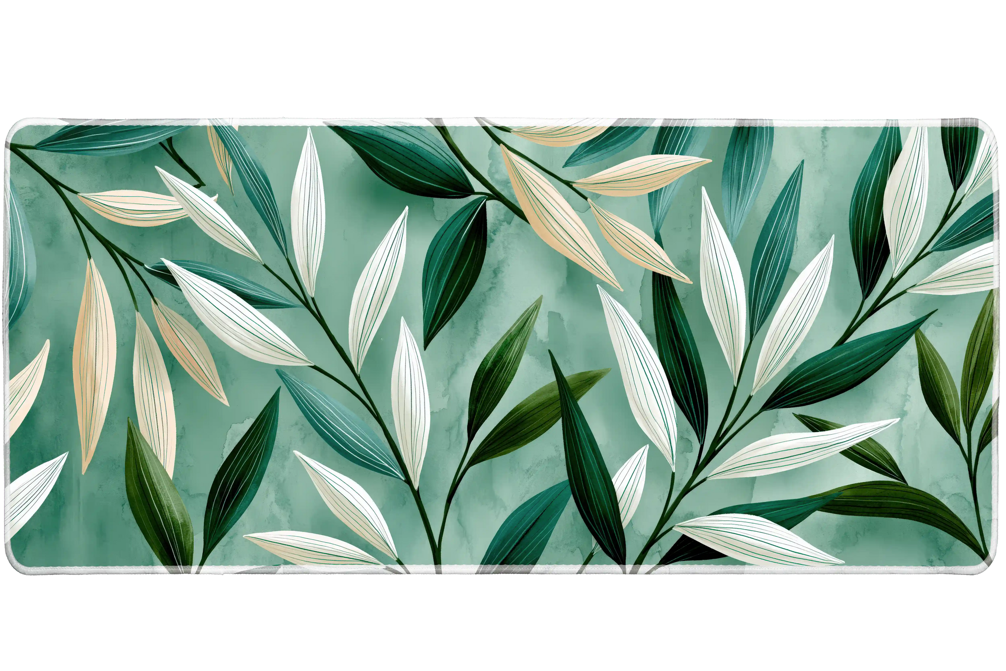 Watercolor Leaf Desk Mat | Botanical Mouse Pad artwork on an extended desk mat with soft watercolor leaf artwork