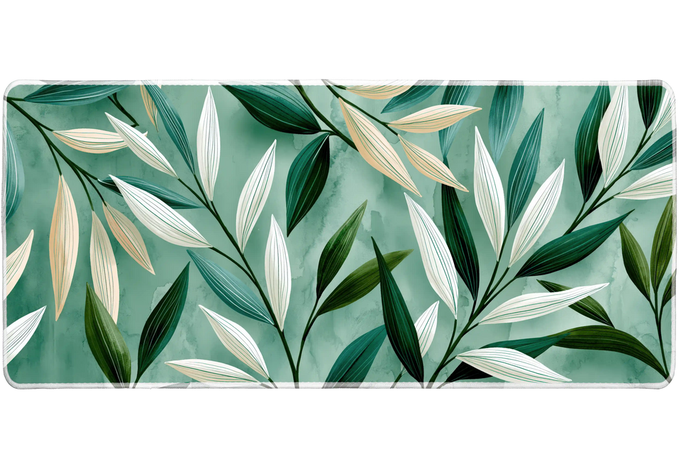 Watercolor Leaf Desk Mat | Botanical Mouse Pad artwork on an extended desk mat with soft watercolor leaf artwork