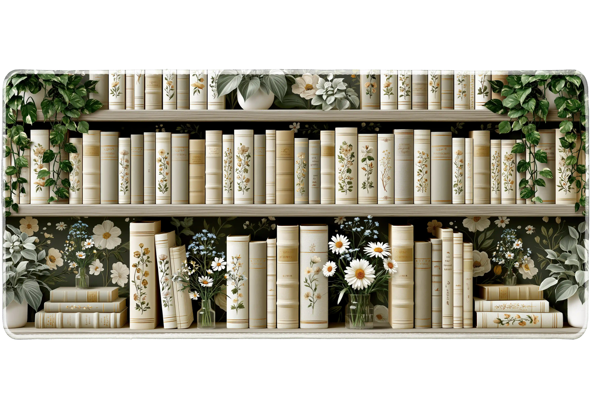 White Floral Bookshelf Desk Mat | Daisy Vine Pattern artwork on an extended desk mat with white floral bookshelf design