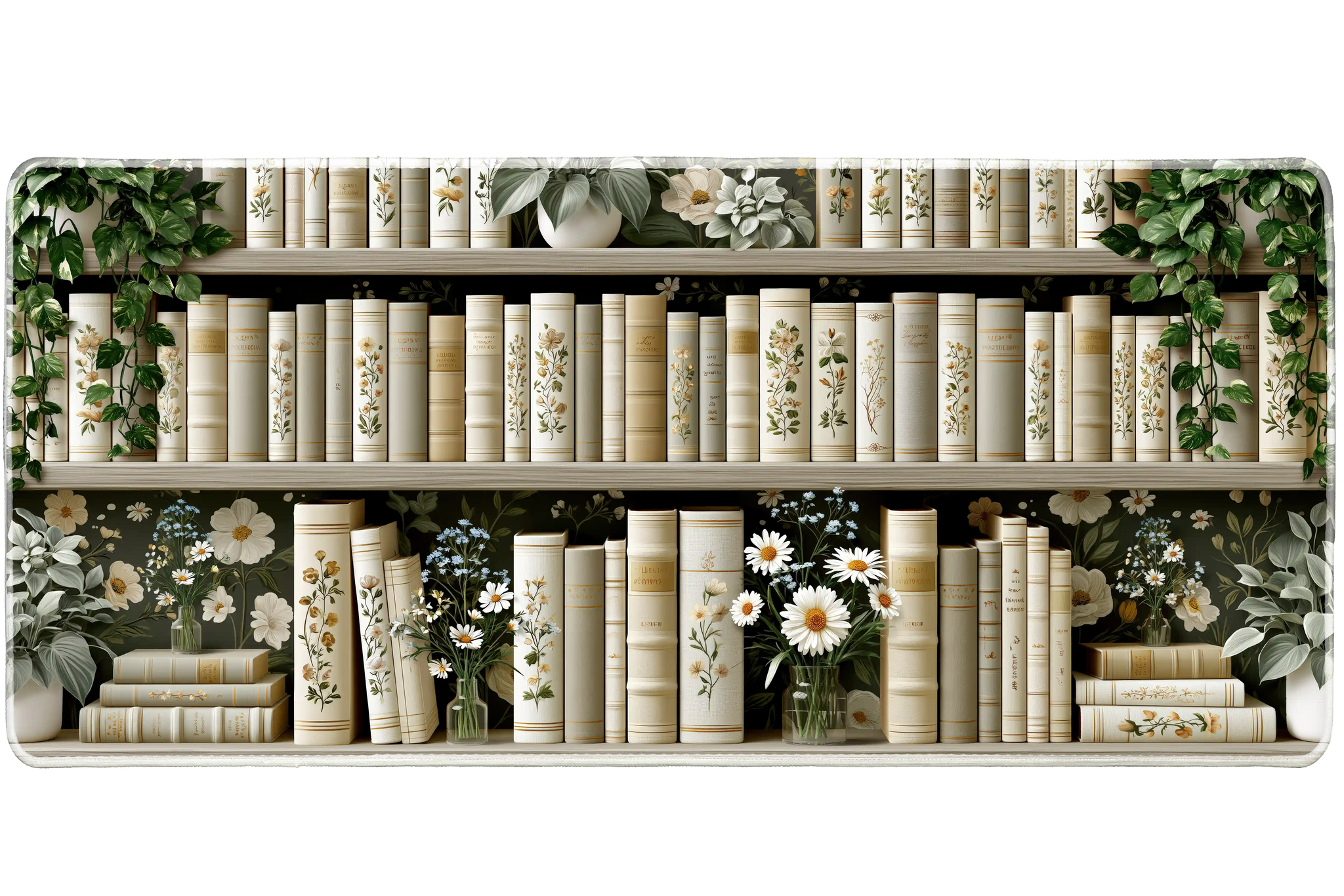 White Floral Bookshelf Desk Mat | Daisy Vine Pattern artwork on an extended desk mat with white floral bookshelf design