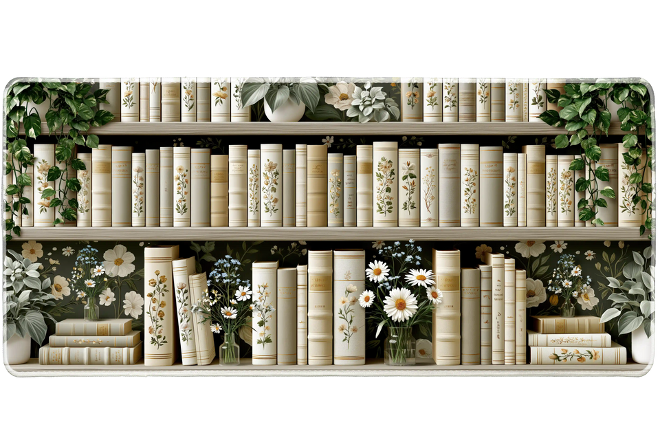 White Floral Bookshelf Desk Mat | Daisy Vine Pattern artwork on an extended desk mat with white floral bookshelf design