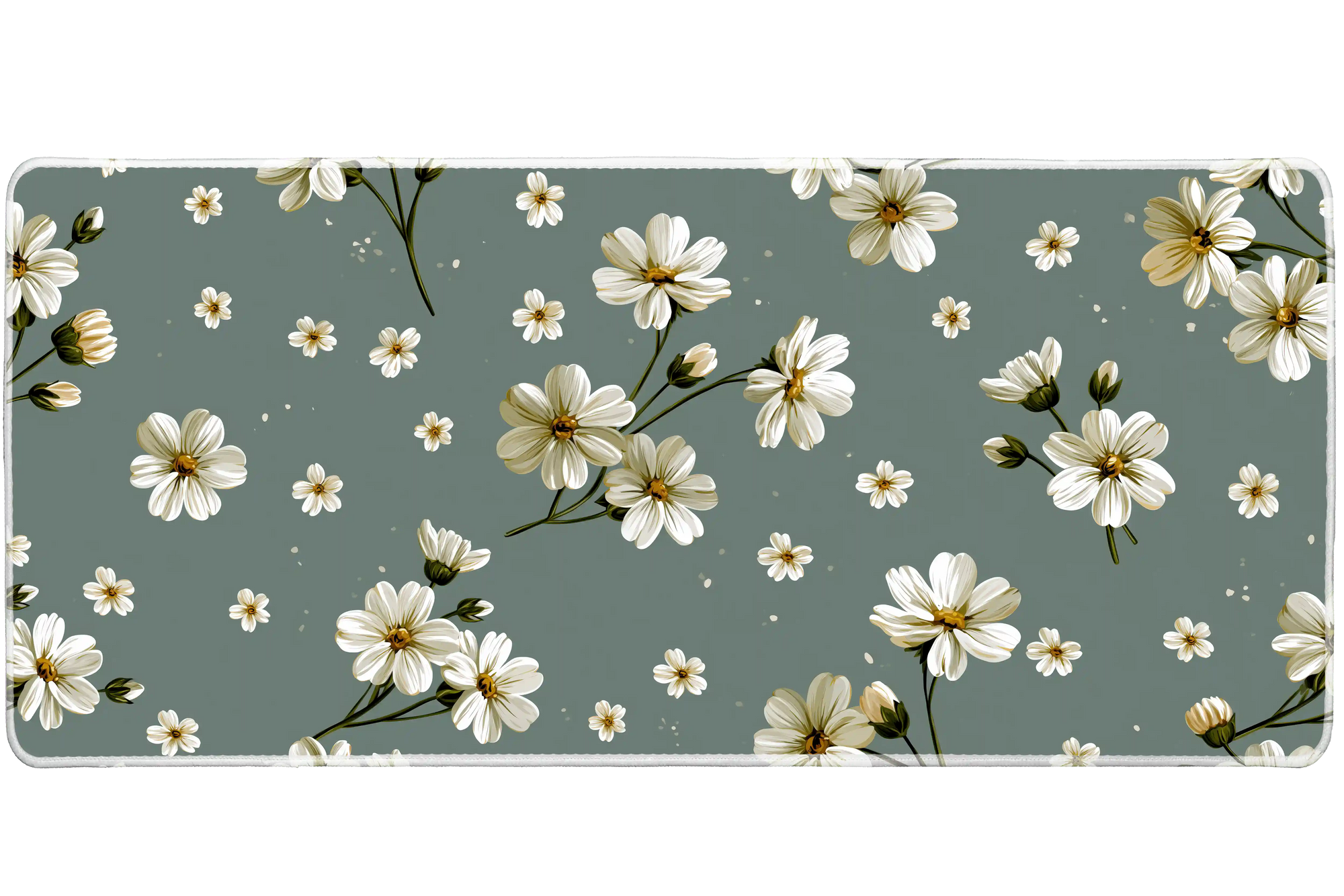 White Daisy Floral Desk Mat | Sage Botanical Mouse Pad artwork on an extended desk mat with white daisy floral artwork on sage green