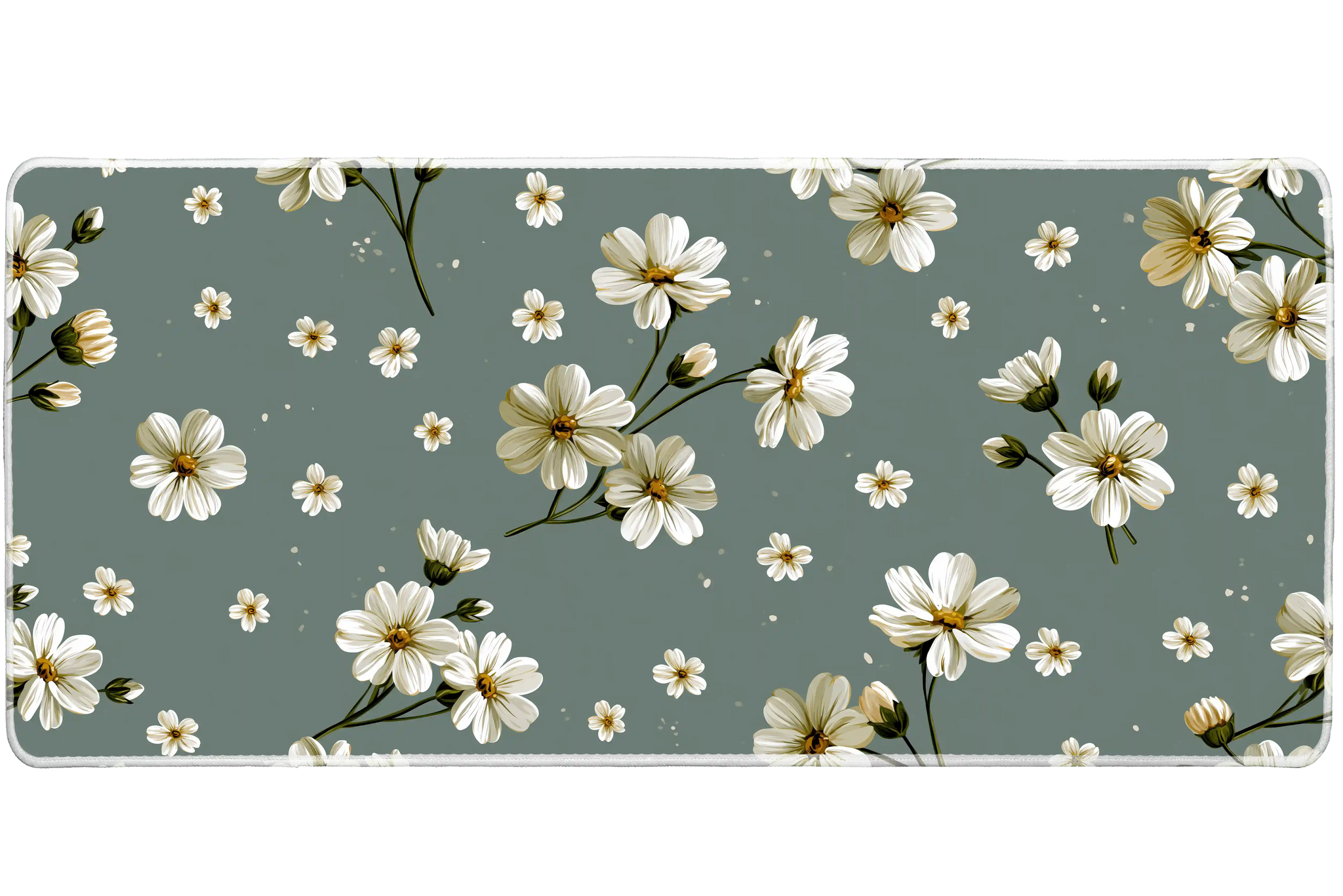 White Daisy Floral Desk Mat | Sage Botanical Mouse Pad artwork on an extended desk mat with white daisy floral artwork on sage green