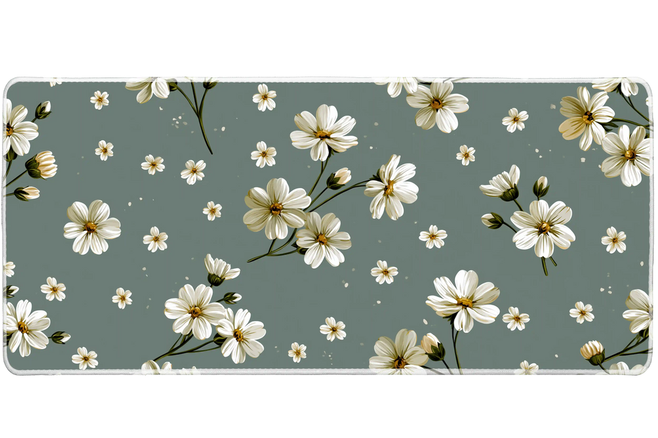 White Daisy Floral Desk Mat | Sage Botanical Mouse Pad artwork on an extended desk mat with white daisy floral artwork on sage green