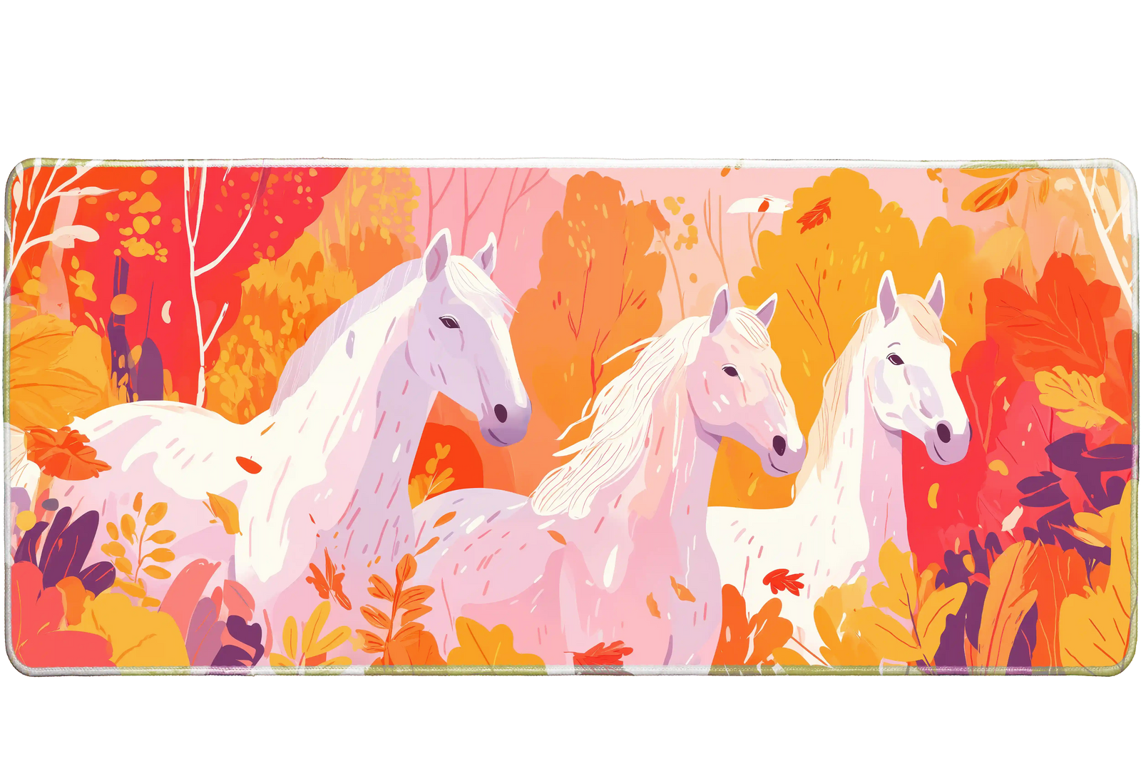 Animals 36x16in custom desk mat featuring white horses in autumn forest, non-slip rubber base – PrintMyPad