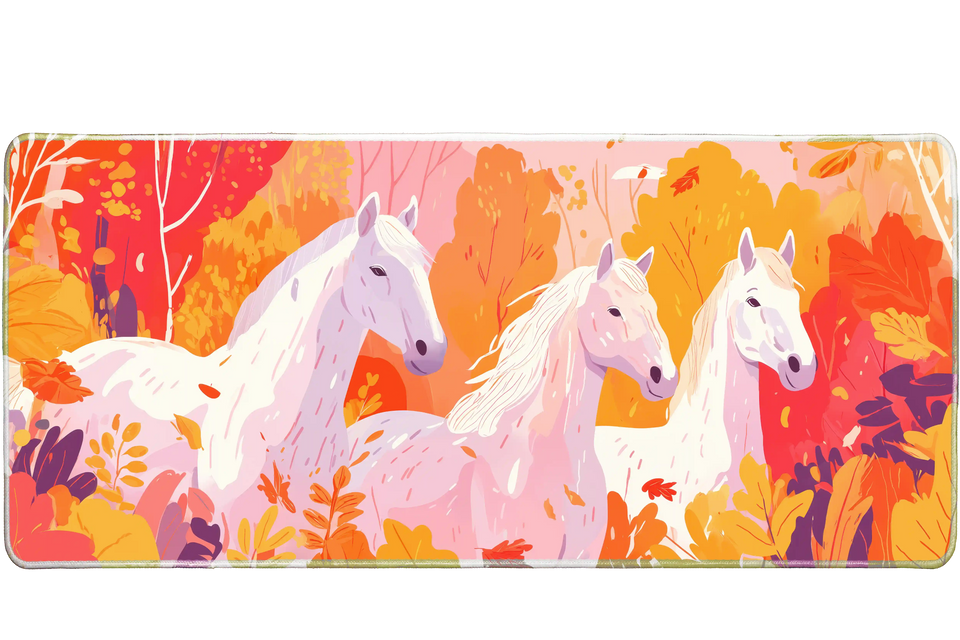 Animals 36x16in custom desk mat featuring white horses in autumn forest, non-slip rubber base – PrintMyPad