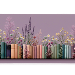 Wildflower Bookshelf Desk Mat | Lavender Daisies artwork on an extended desk mat with wildflower bookshelf design