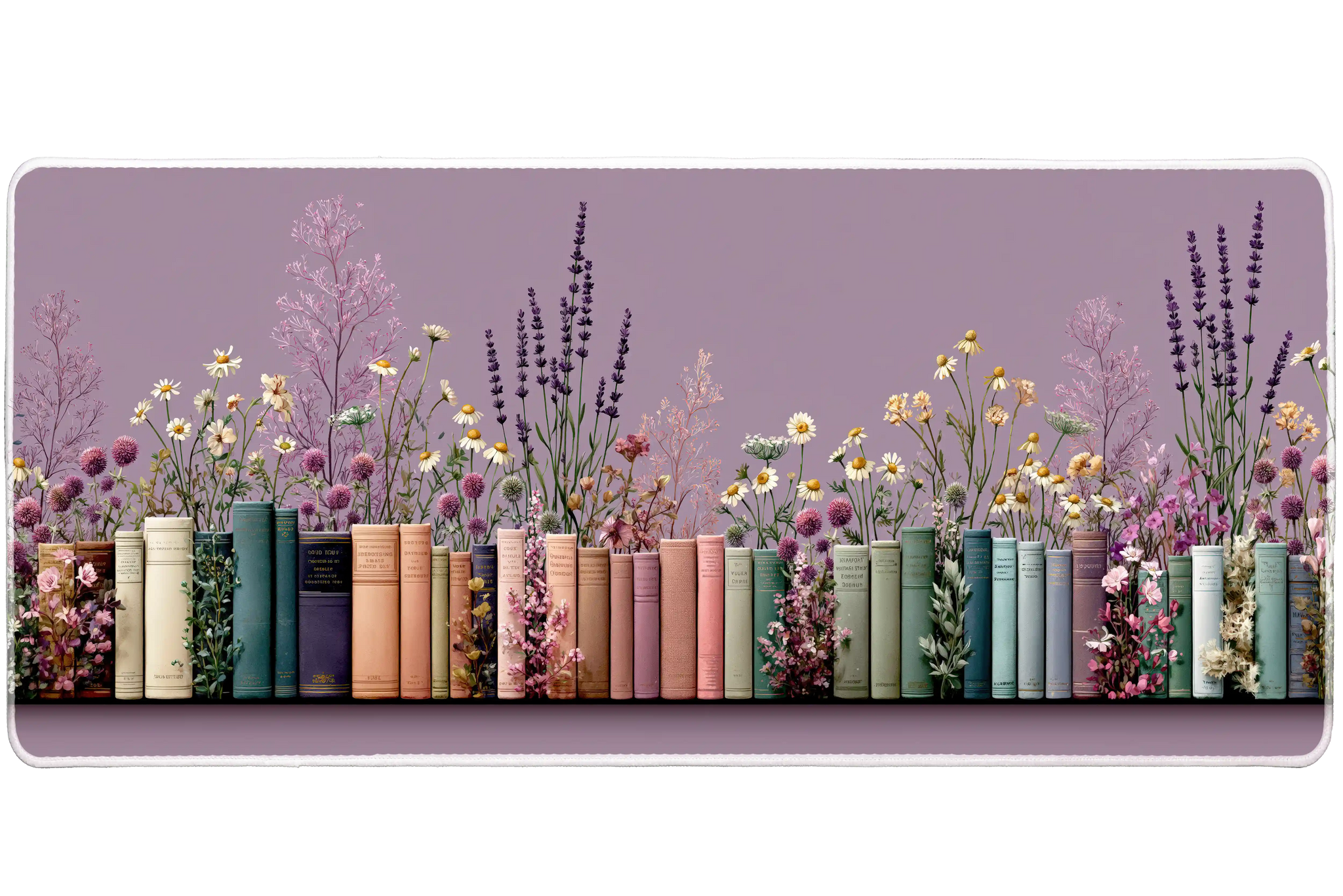Wildflower Bookshelf Desk Mat | Lavender Daisies artwork on an extended desk mat with wildflower bookshelf design