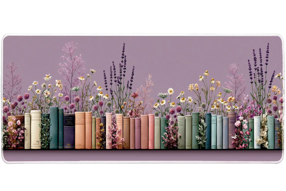 Wildflower Bookshelf Desk Mat | Lavender Daisies artwork on an extended desk mat with wildflower bookshelf design
