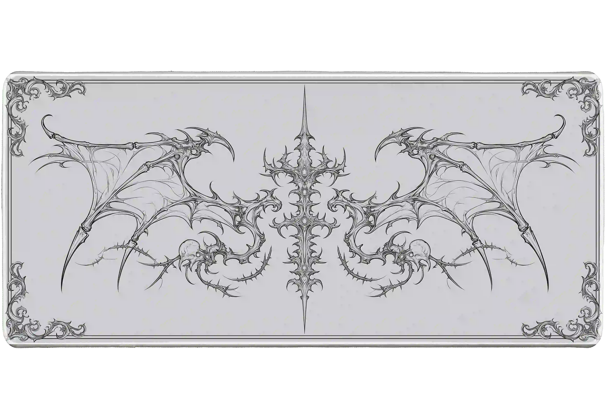 Gothic winged cross skull line art artwork on an extended desk mat for a full keyboard and mouse layout