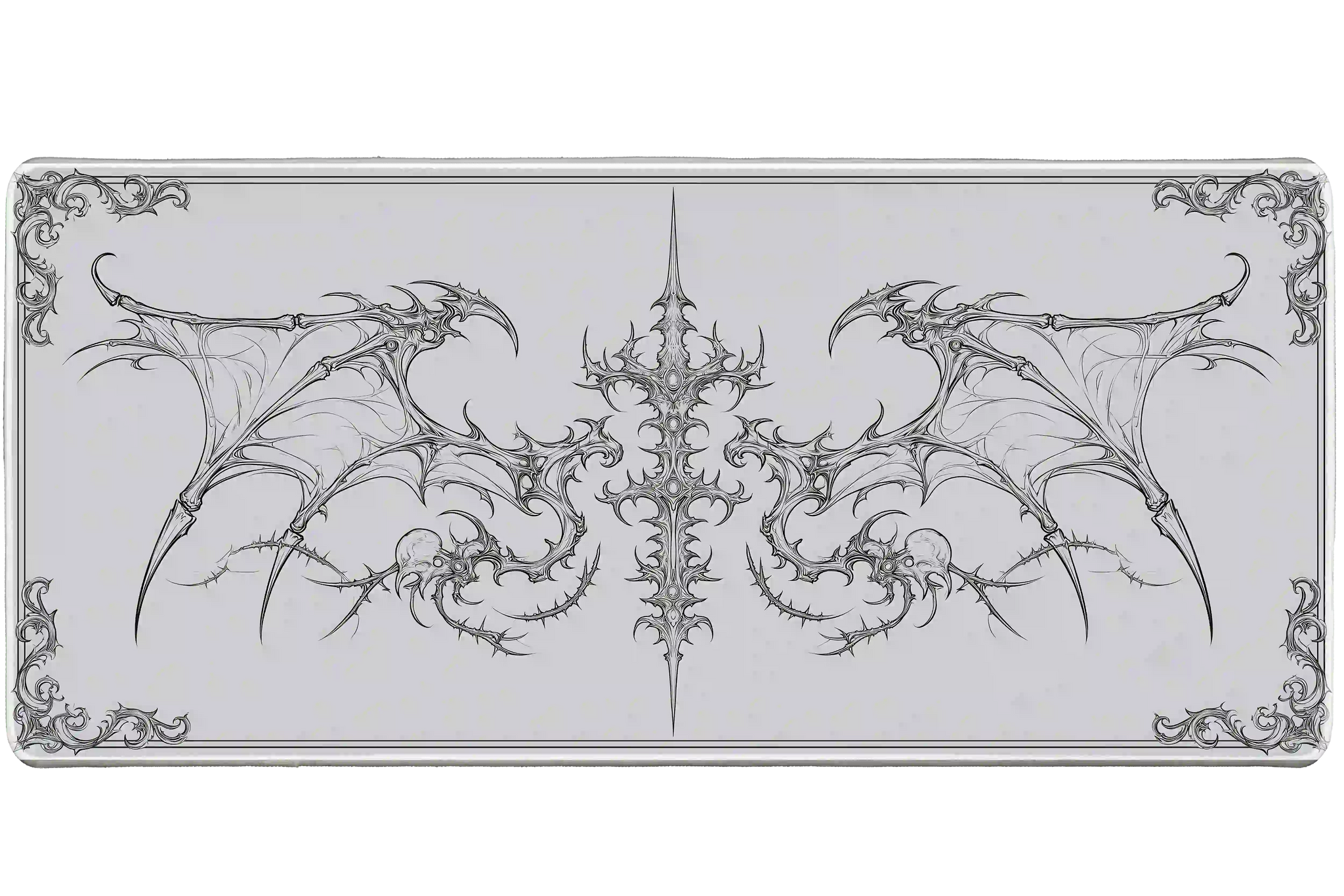 Gothic winged cross skull line art artwork on an extended desk mat for a full keyboard and mouse layout