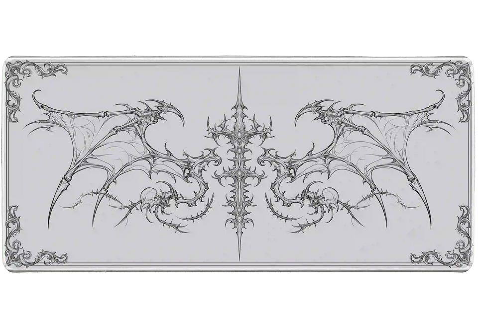 Gothic winged cross skull line art artwork on an extended desk mat for a full keyboard and mouse layout