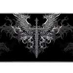 Wide gothic winged sword black and silver desk mat displaying the complete artwork across a desktop